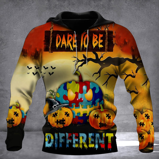 Autism Pumpkin Dare To Be Different 3D Halloween Hoodie