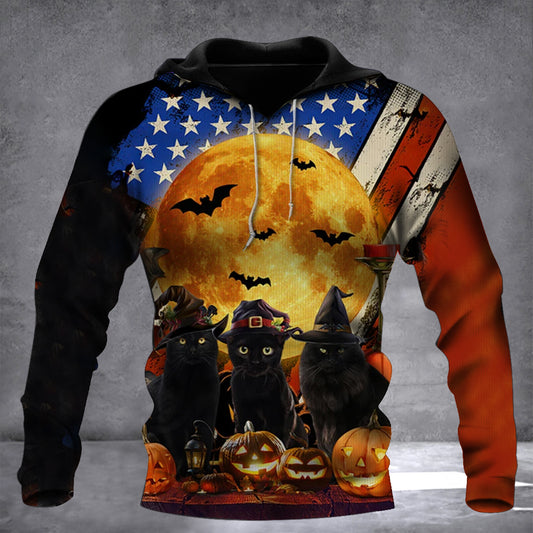 Black Cat Halloween American Flag Hoodie