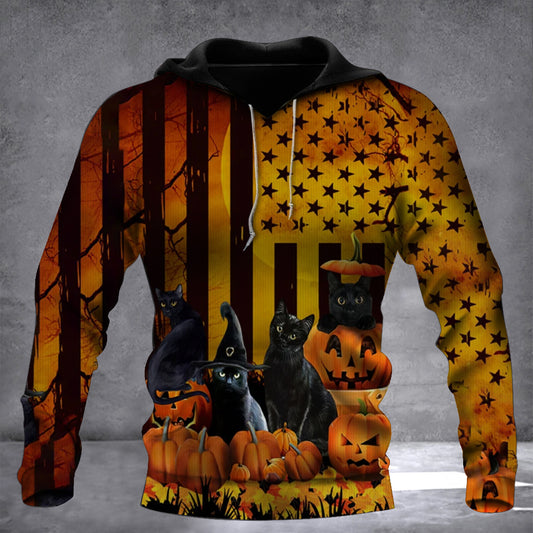 Black Cat Halloween American Flag Hoodie V2