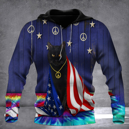 Black Cat Peace Sign American Flag 3D Hoodie