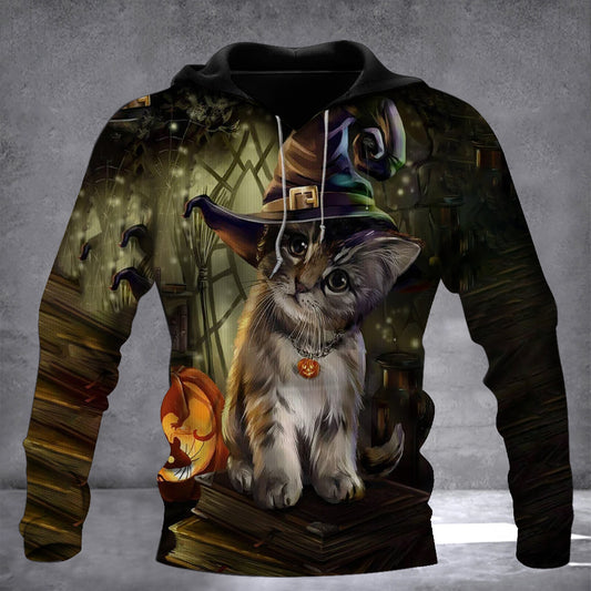 Black Cat With Witch Hat Halloween 3D Hoodie V2