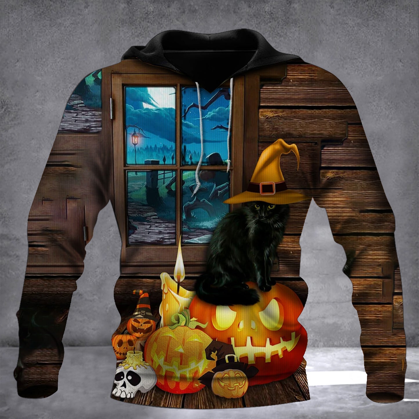 Black Cat With Witch Hat Pumpkin 3D Halloween Hoodie