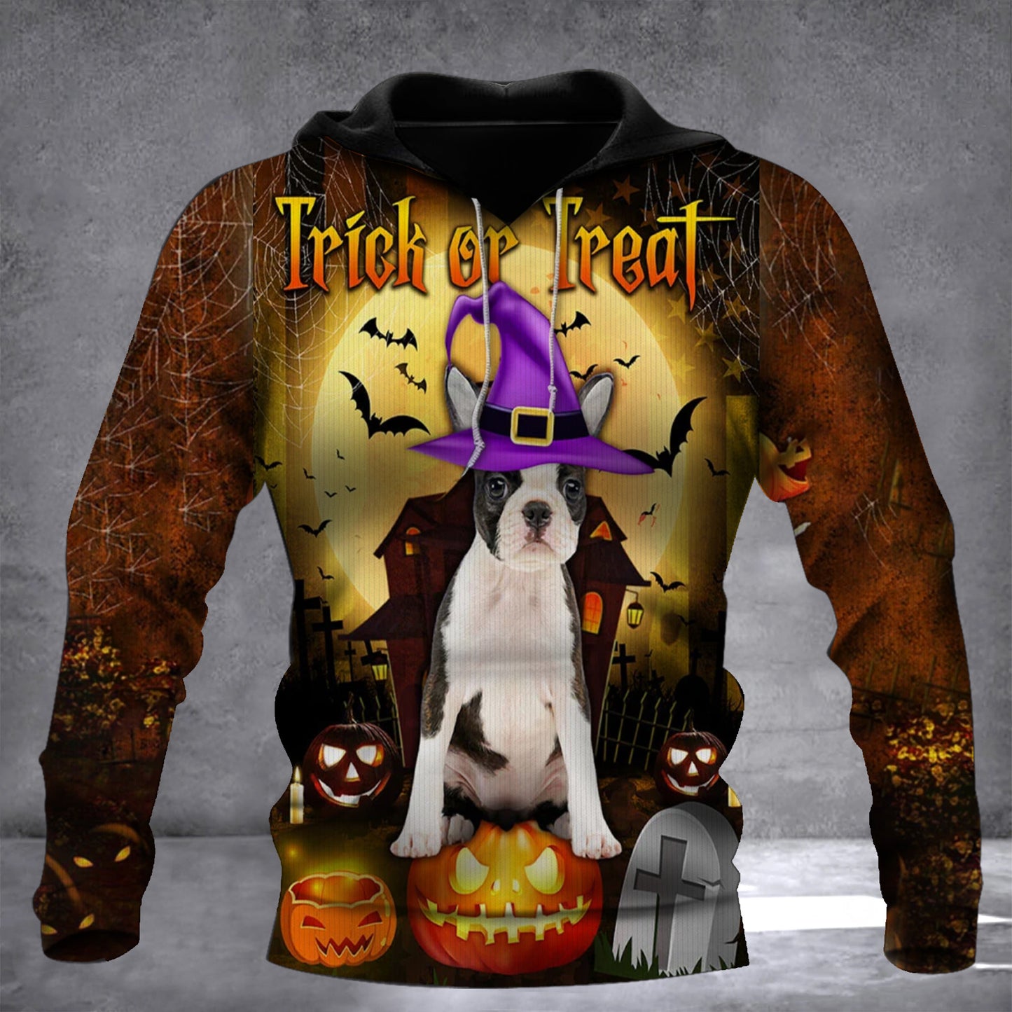 Boston Terrier Dog Trick Or Treat Halloween Hoodie