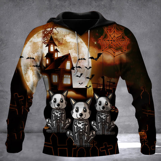 Cat Skeleton Haunted House Halloween 3D Hoodie