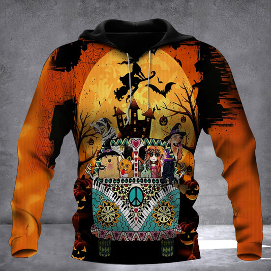 Dogs On Hippie Van Witch Halloween Hoodie