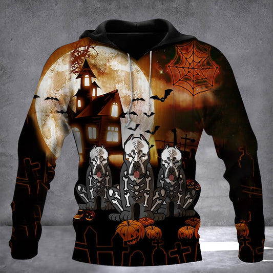 Pitbull Dog Skeleton Costume Haunted House Halloween Hoodie