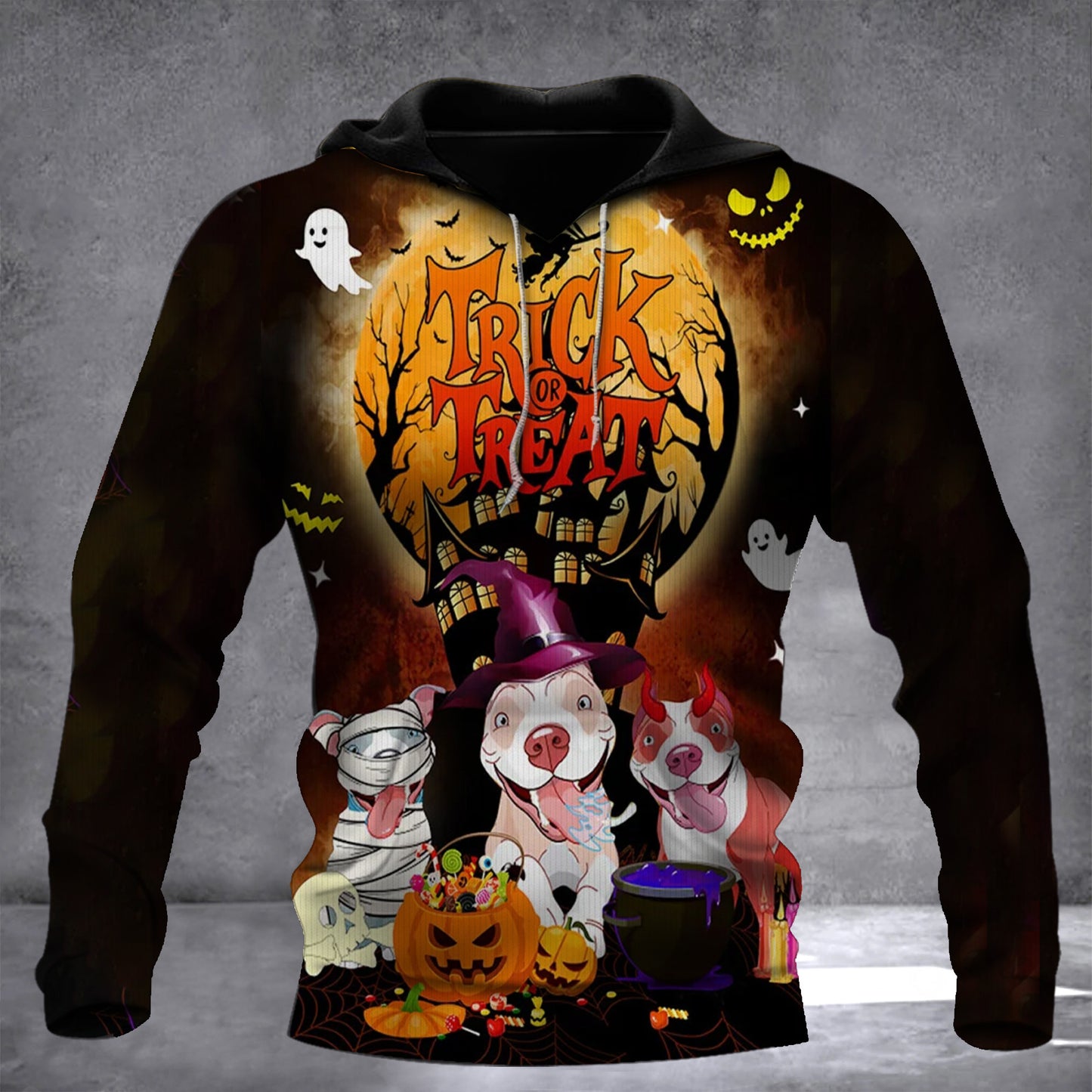 Pitbull Dog Trick Or Treat 3D Halloween Hoodie